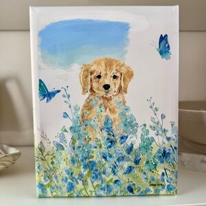 Golden Retriever Puppy Floral Canvas Art - Blue Green Accents 9x6.8”